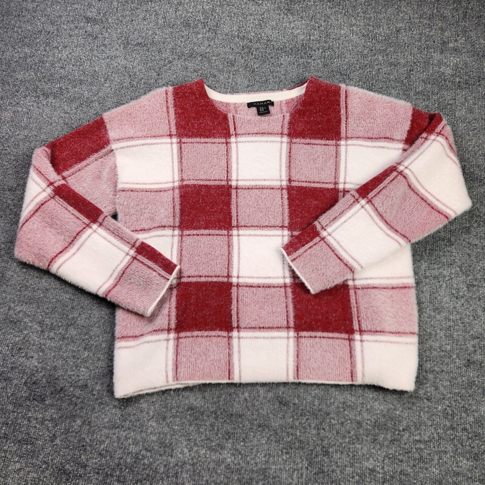 Tahari Womens XL Red Pink Buffalo Plaid Fuzzy Eyelash Knit Pullover Sweater SOFT